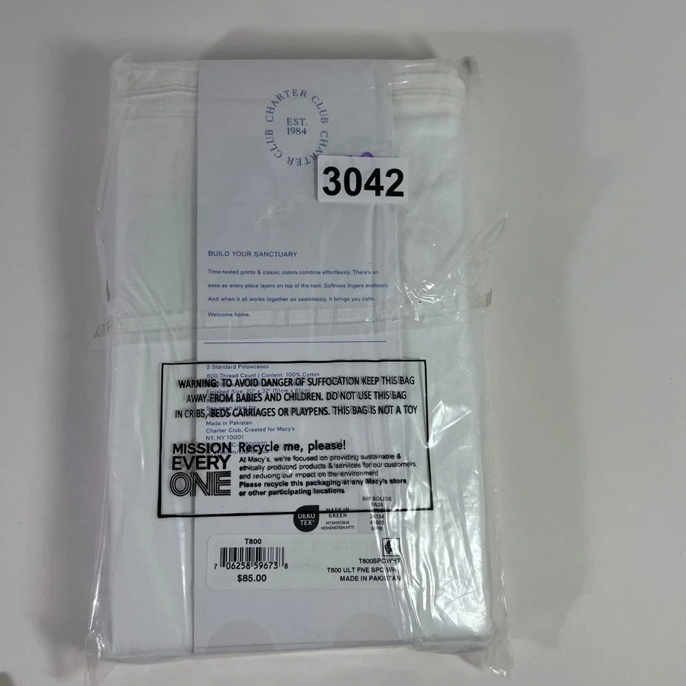 Charter Club Sleep Luxe Collection 2‎ Std Pillowcases Cotton 800 TC White NIP